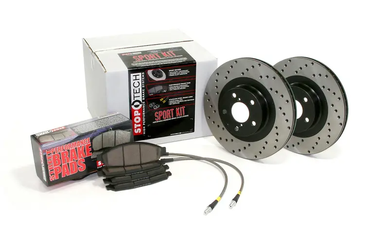 Stoptech 979.42009F Front Sport Brake Kit – Drilled Rotors With Premium Brake Lines 1